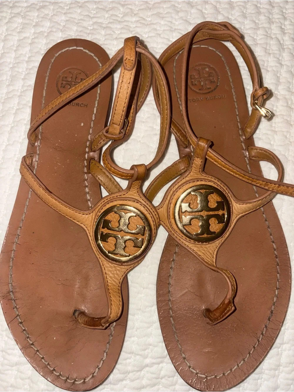 Tory Burch Chestnut Leather Logo Thong Sandals